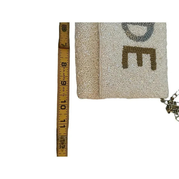 Bride Metallic Beaded Lettered Gold Chain Strap Seed Beaded Clutch Purse - Picture 5 of 9